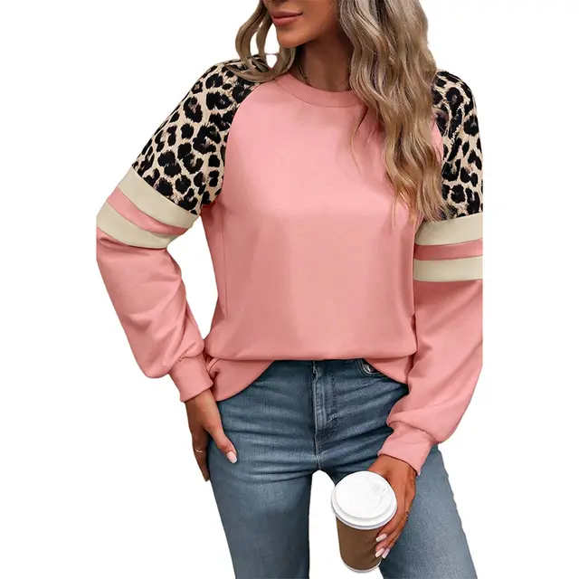 Personalized Niche Leopard Print Raglan Sleeve Sweater Pink - Shop at LoveMi