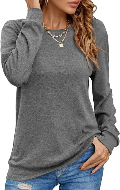 European And American Style Women Long Sleeve Shirt Solid Color Round Neck Coat Gray Grey - Shop at LoveMi