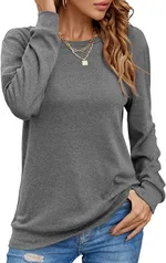 European And American Style Women Long Sleeve Shirt Solid Color Round Neck Coat - Gray