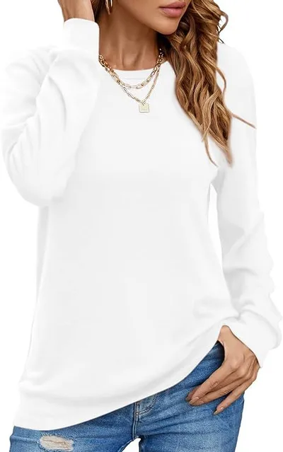 European And American Style Women Long Sleeve Shirt Solid Color Round Neck Coat Milky White - Shop at LoveMi