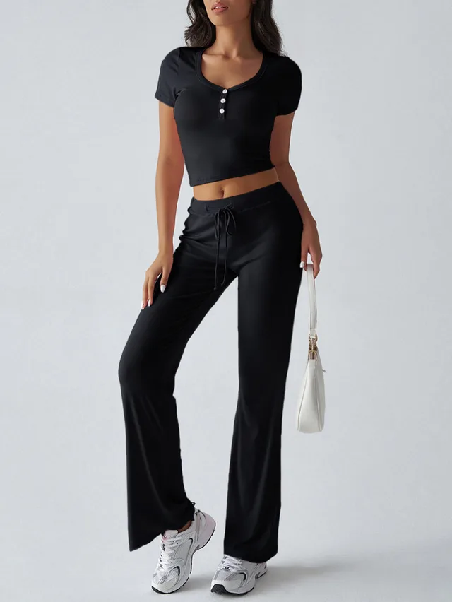 Women's Solid Color Crew Neck Casual Fashion Suit Summer Black - Shop at LoveMi
