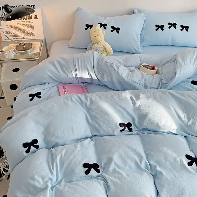 Super Soft Washed Cotton Towel Embroidery Girl's Heart Bow Quilt Cover Bow Blue - Shop at LoveMi