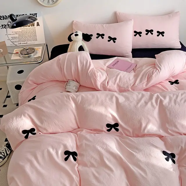 Super Soft Washed Cotton Towel Embroidery Girl's Heart Bow Quilt Cover Bow Pink Black - Shop at LoveMi