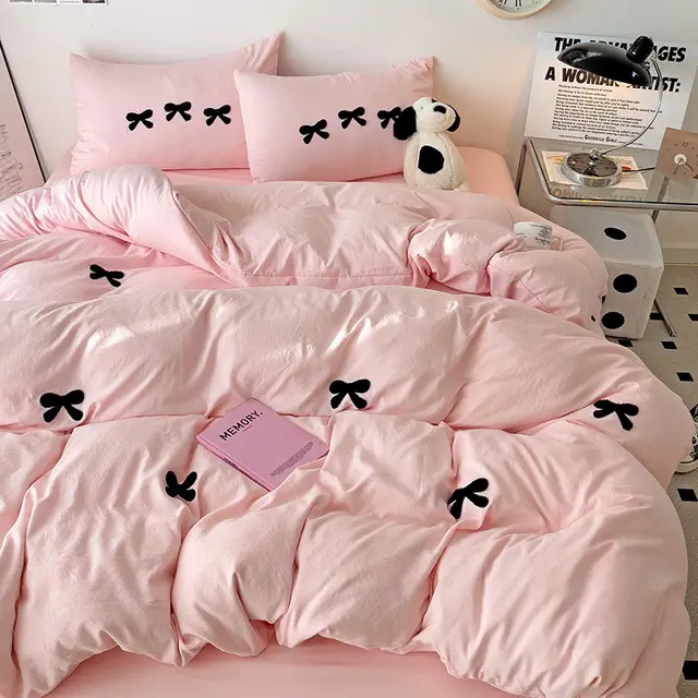 Super Soft Washed Cotton Towel Embroidery Girl's Heart Bow Quilt Cover Bow Pink - Shop at LoveMi