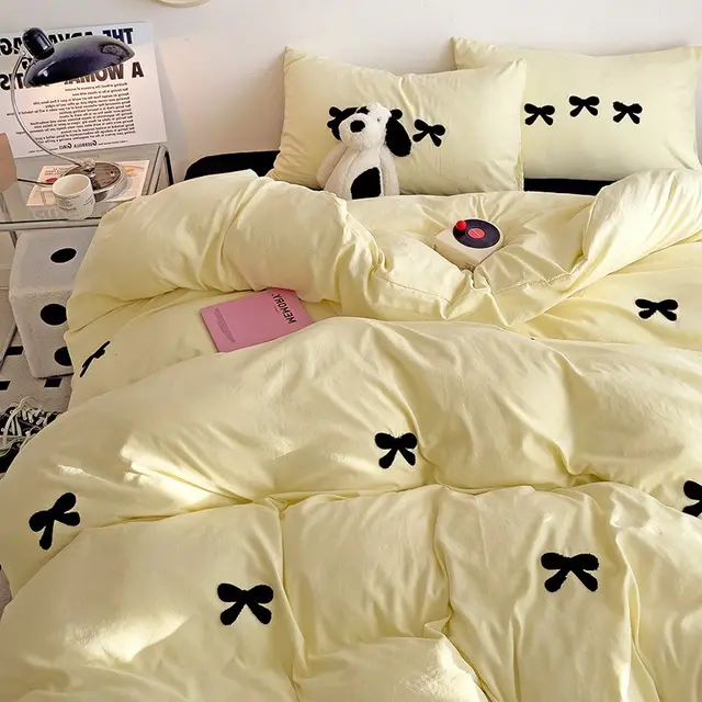Super Soft Washed Cotton Towel Embroidery Girl's Heart Bow Quilt Cover Bow Yellow And Black - Shop at LoveMi