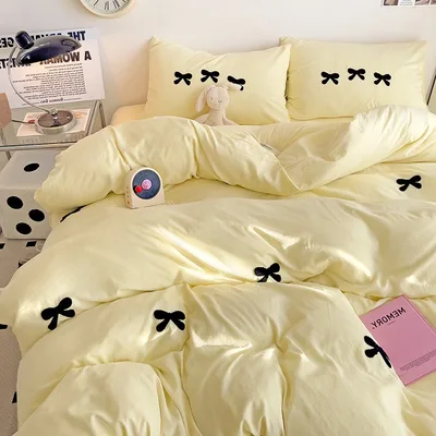 Super Soft Washed Cotton Towel Embroidery Girl's Heart Bow Quilt Cover Bow Yellow - Shop at LoveMi