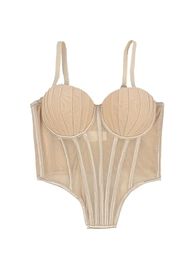 Pleated Design Fishbone Corset Outer Wear Shaping Apricot - Shop at LoveMi