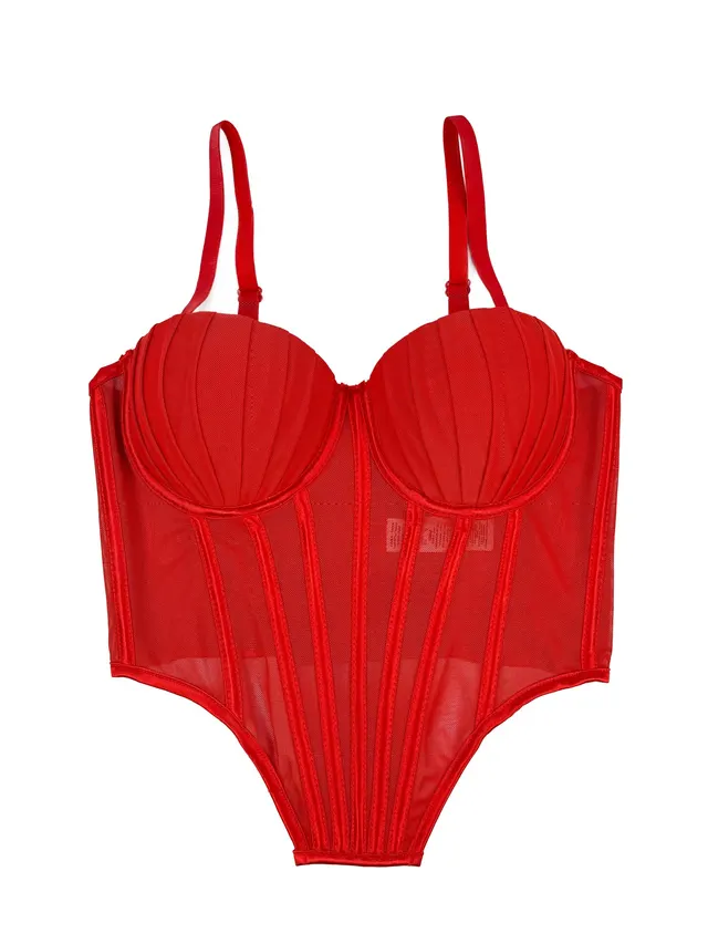 Pleated Design Fishbone Corset Outer Wear Shaping Red - Shop at LoveMi