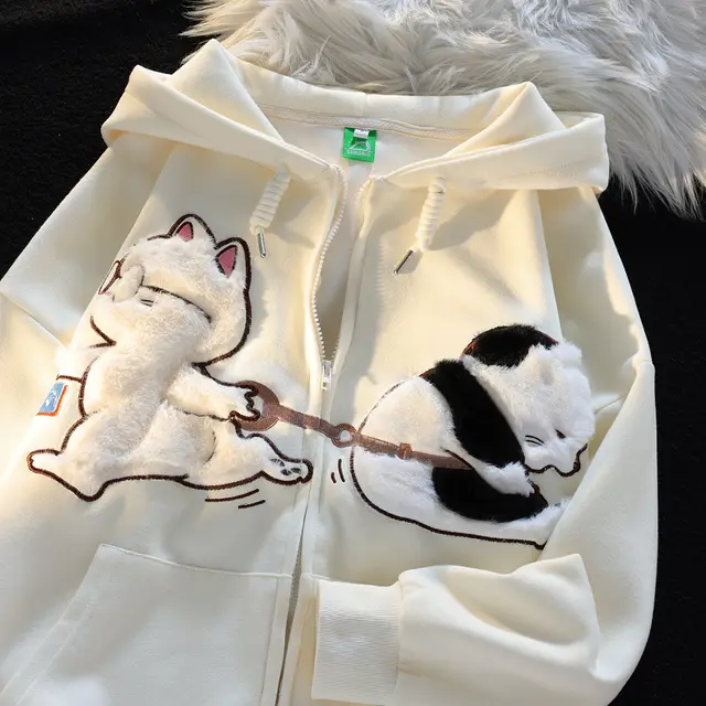 Cartoon Cat Zipper Sweater For Women Apricot - Shop at LoveMi