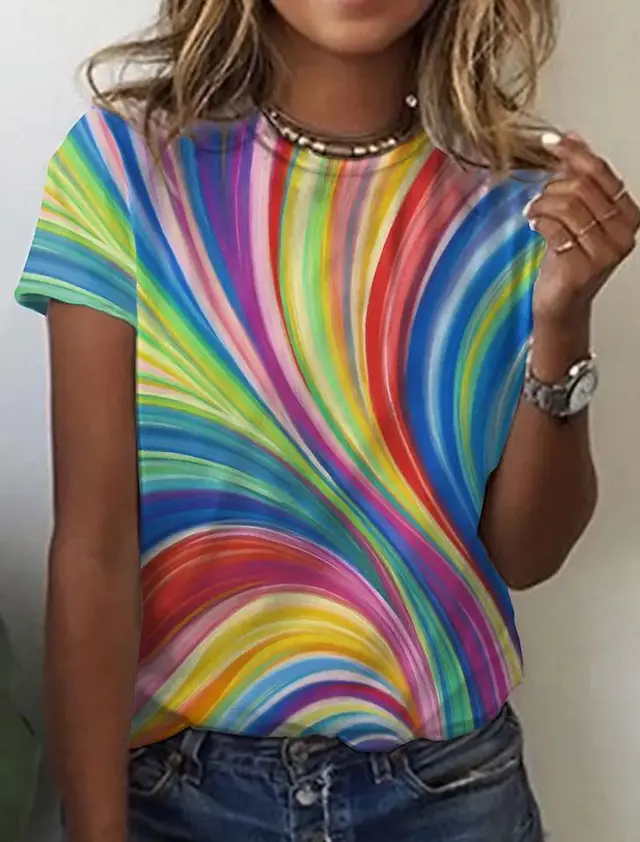 Geometric Retro Printed Round Neck Short Sleeve T shirt Women's Top Tm2526Color - Shop at LoveMi