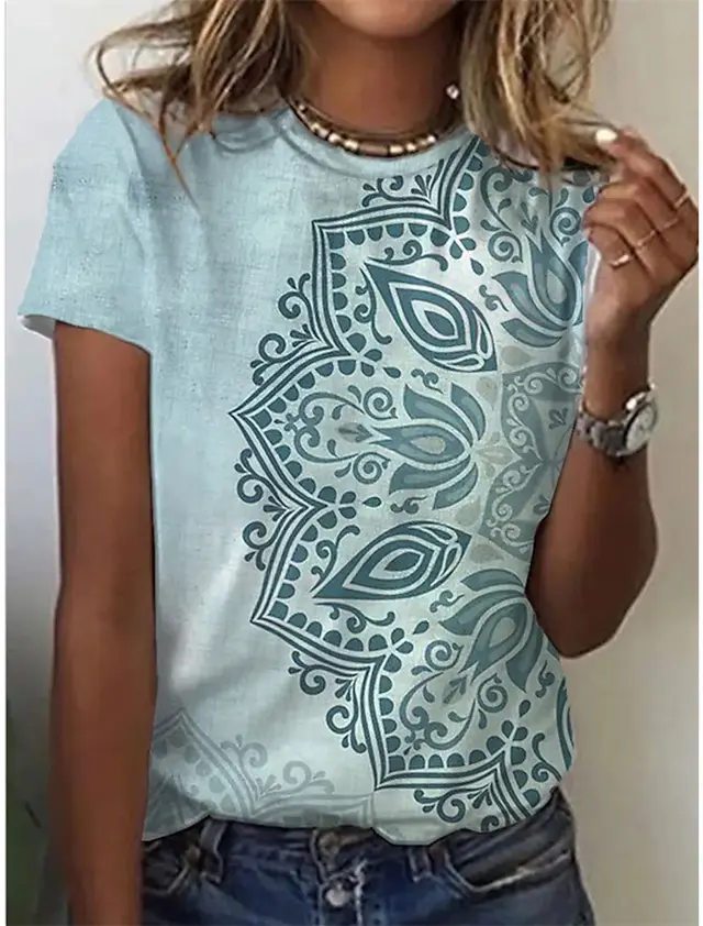 Geometric Retro Printed Round Neck Short Sleeve T shirt Women's Top Tm2527Color - Shop at LoveMi