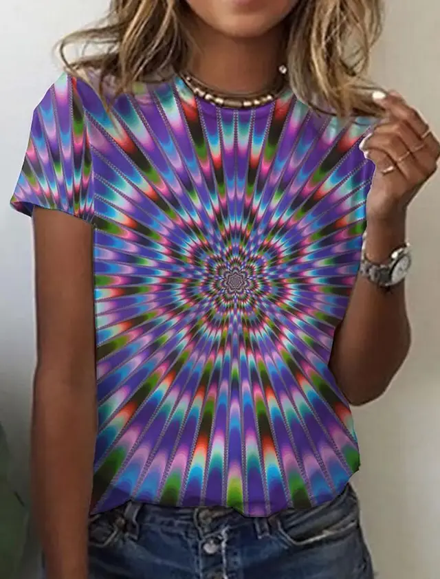 Geometric Retro Printed Round Neck Short Sleeve T shirt Women's Top Tm2530Color - Shop at LoveMi