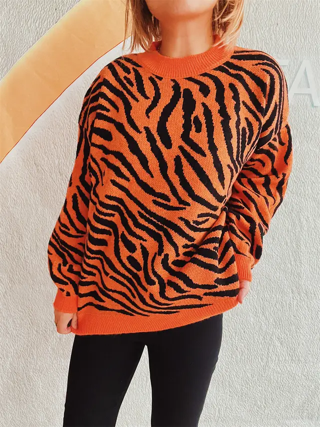 Commuter Knitted Two piece Zebra Pattern Contrast Color Orange Coat - Shop at LoveMi