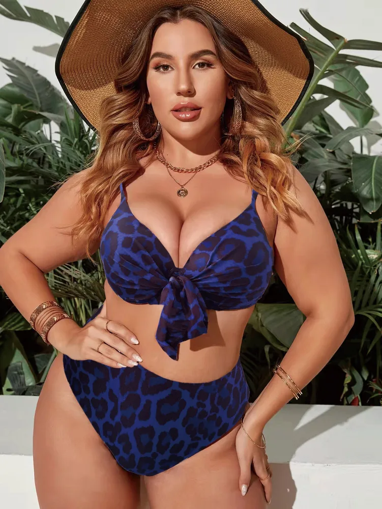 Women's Split Colour Printing Swimsuit Plus Size - Blue