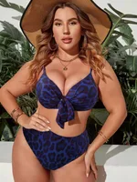 Women's Split Color Printing Swimsuit Plus Size - Blue