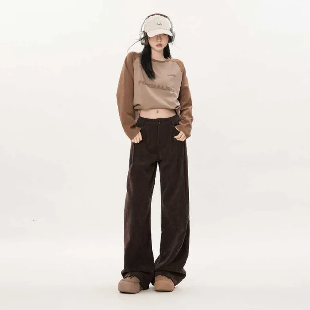 Autumn And Winter College Style Straight leg Pants Corduroy Wide leg Pants Caramel Mocha Trousers - Shop at LoveMi