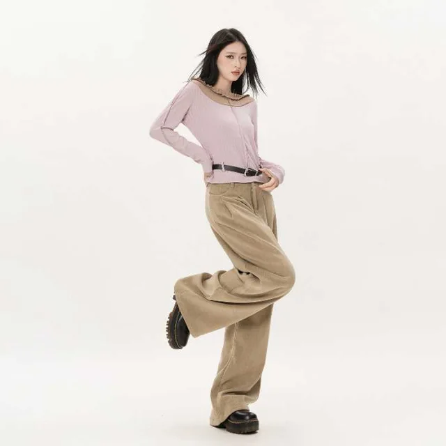 Autumn And Winter College Style Straight leg Pants Corduroy Wide leg Pants Champagne Gold Lengthened - Shop at LoveMi