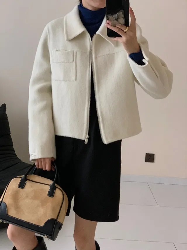 Temperament Thickening Cashmere Double sided Hand stitched Wool Overcoat Women's Short Coat Beige - Shop at LoveMi