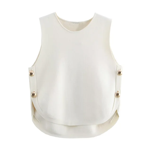 Women's Casual Sleeveless Short Side Button Decoration Knitted Top Milky White - Shop at LoveMi