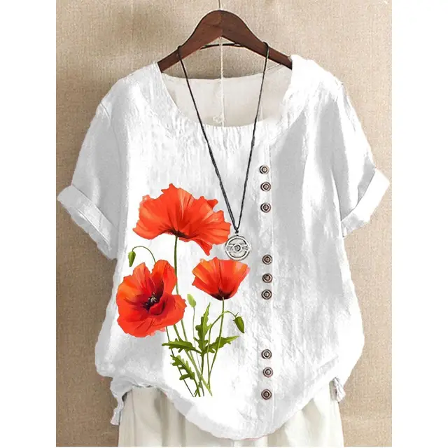 Women's Fashionable Floral Button Short sleeved T shirt Od18861 - Shop at LoveMi