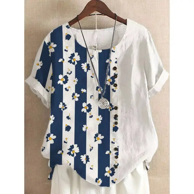 Women's Fashionable Floral Button Short sleeved T shirt Od18864 - Shop at LoveMi