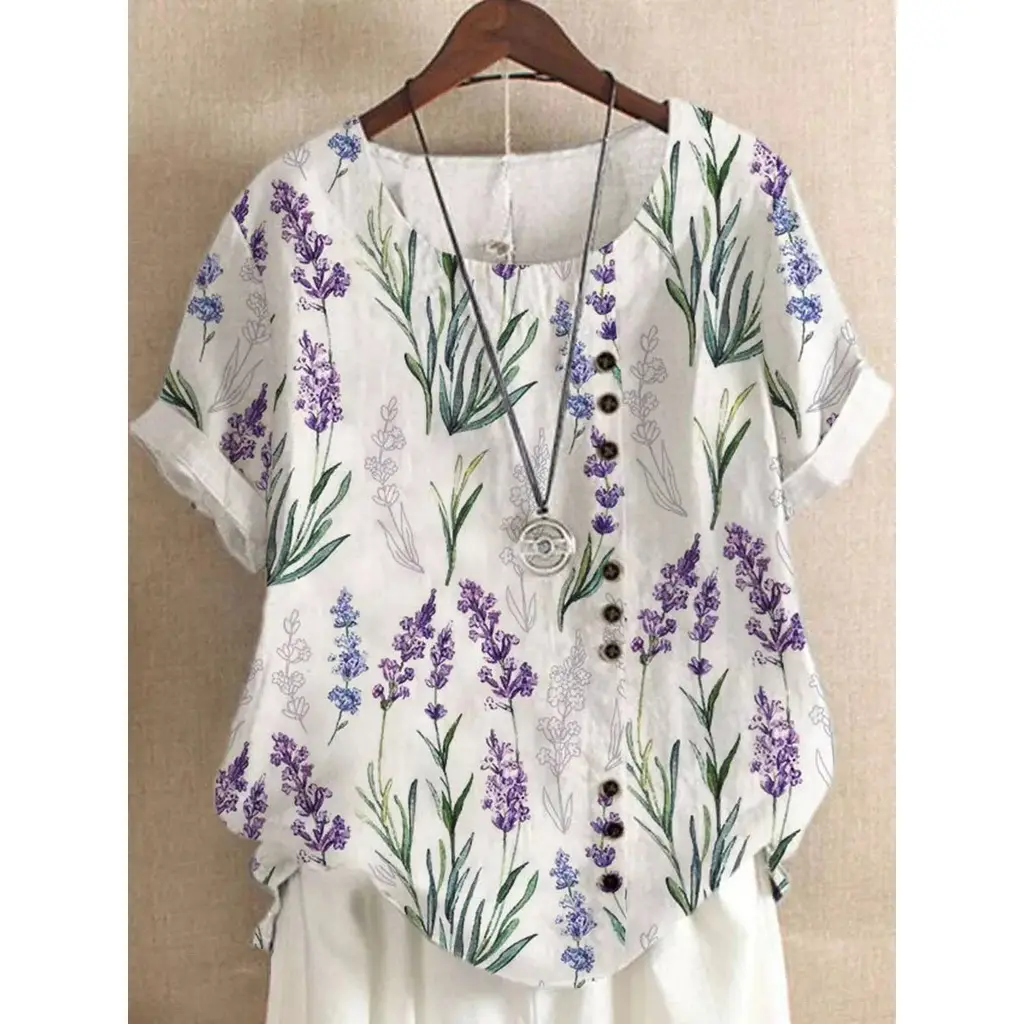 Women's Fashionable Floral Button Short-sleeved T-shirt - Od18870