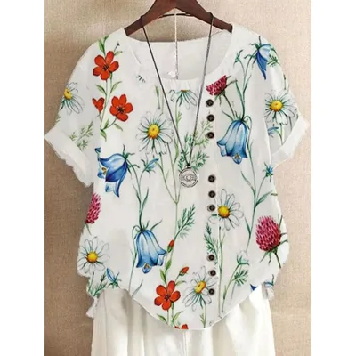 Women's Fashionable Floral Button Short sleeved T shirt Od18871 - Shop at LoveMi