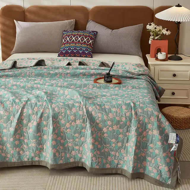 Pure Cotton Light Luxury Three layer Yarn Multi functional Cover Blanket Cotton Summer Quilt Single Cover Blanket Gray - Shop at LoveMi