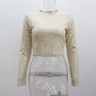 Long Sleeve Round Neck Nightclub Short Top - Apricot