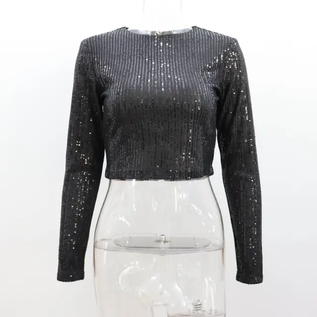 Long Sleeve Round Neck Nightclub Short Top Black - Shop at LoveMi