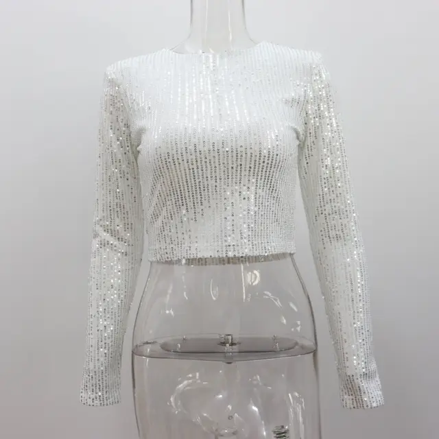Long Sleeve Round Neck Nightclub Short Top Silver - Shop at LoveMi