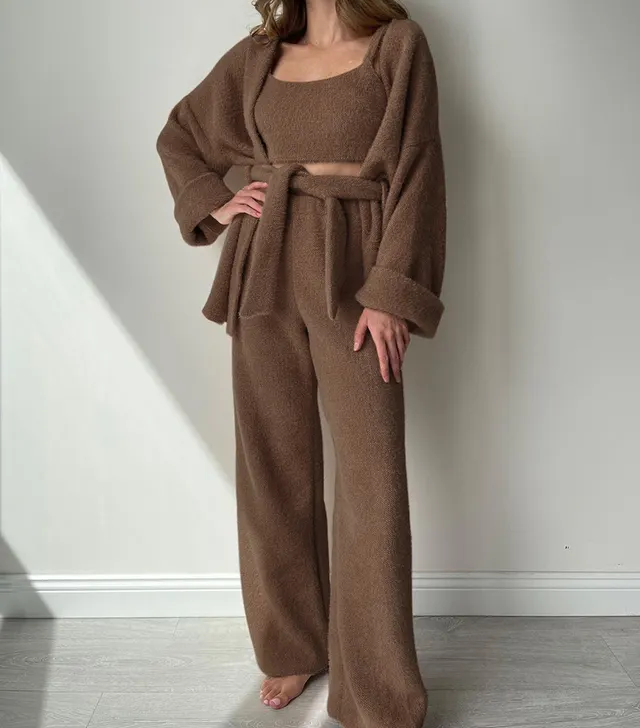 Elegant Graceful Waist Strap Three piece Homewear Brown - Shop at LoveMi