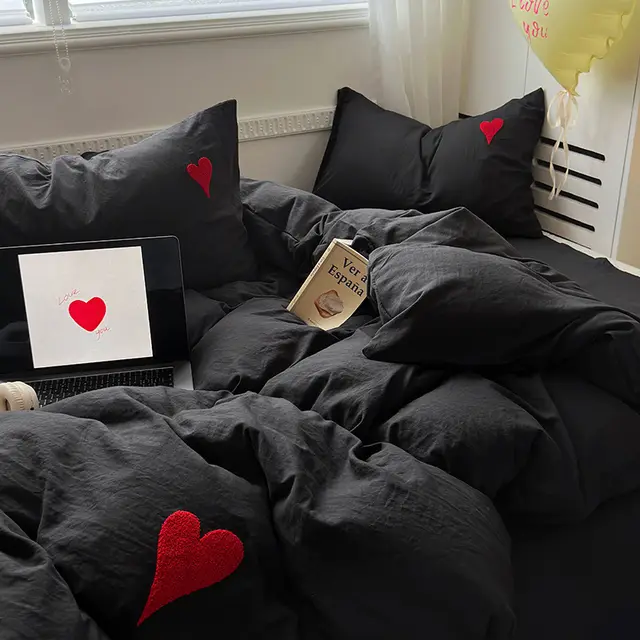 Soft Glutinous Skin friendly Washed Cotton Love Towel Embroidery Three Or Four Piece Suit Black - Shop at LoveMi