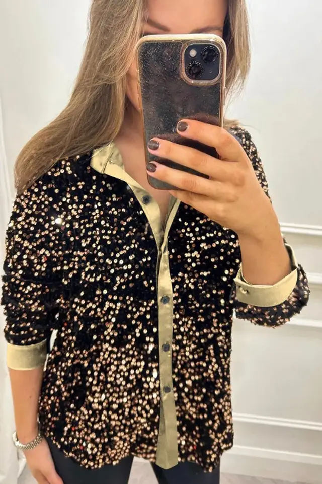Women's Solid Color Lapel Long Sleeve Button Sequined Shirt Gold - Shop at LoveMi