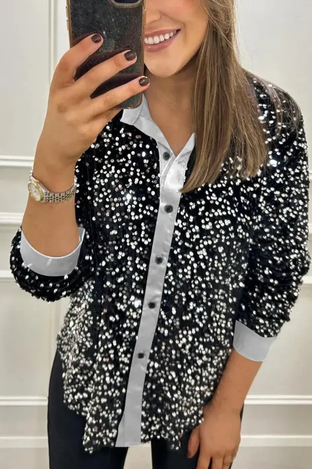 Women's Solid Color Lapel Long Sleeve Button Sequined Shirt Silver - Shop at LoveMi