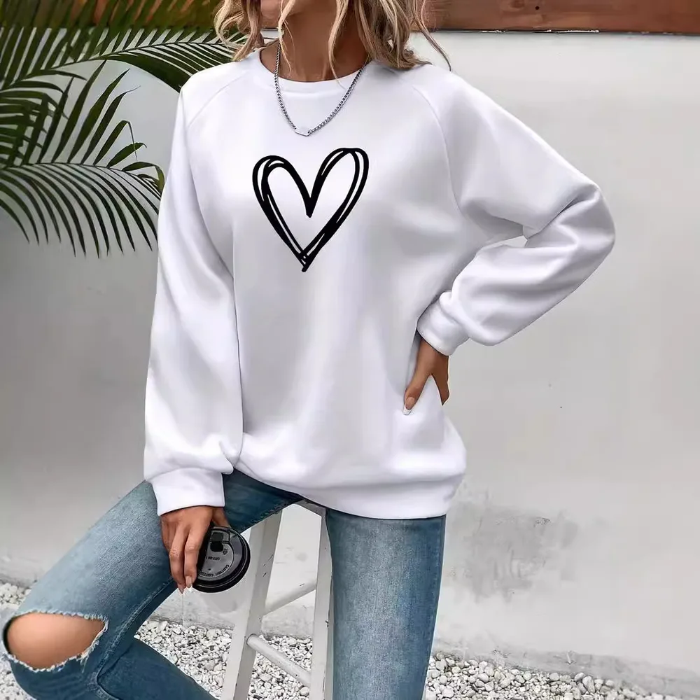 Heart Printing Round Neck Long Sleeve Sweatshirt Tops White - Shop at LoveMi