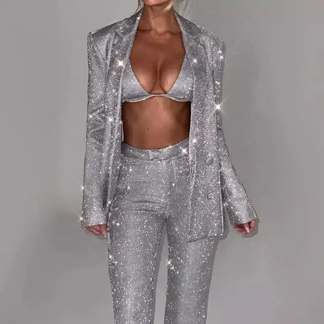 Shiny Long sleeved Suit With Bra Lapel Blazer And Straight leg Trousers Fashion Party Jacket Set For Women Clothing Silver - Shop at LoveMi