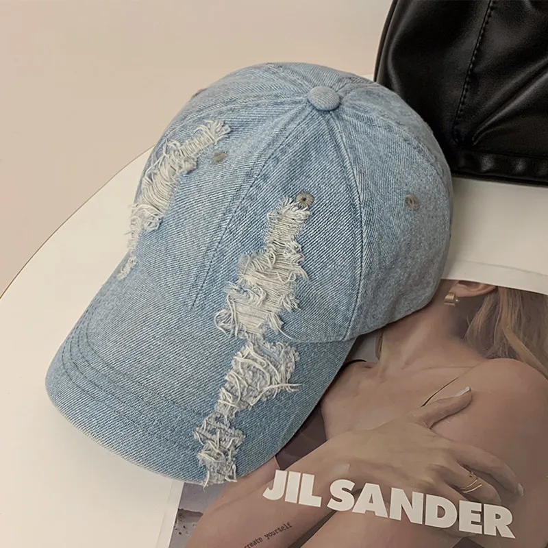 Summer Korean Style Denim Make Old Ripped Peaked Cap Light Blue - Shop at LoveMi