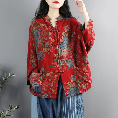 Ethnic Style Retro Northeast Big Flower Print Stand Collar Shirt Red - Shop at LoveMi