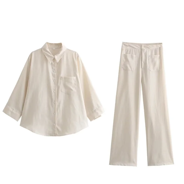 Women's Lapel Single Breasted Patch Pocket Long Sleeve Shirt Wide Leg Casual Trousers Suit - Shop at LoveMi