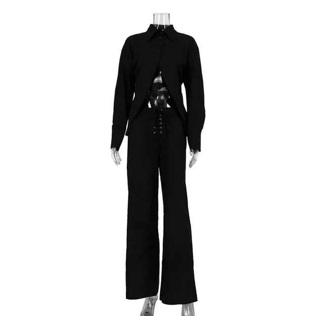 Lapel Long Sleeves Cropped White Shirt Hollow Out Tied Wide Leg Pants Two piece Set Black - Shop at LoveMi