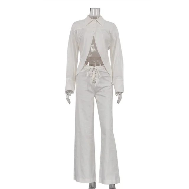 Lapel Long Sleeves Cropped White Shirt Hollow Out Tied Wide Leg Pants Two piece Set White - Shop at LoveMi
