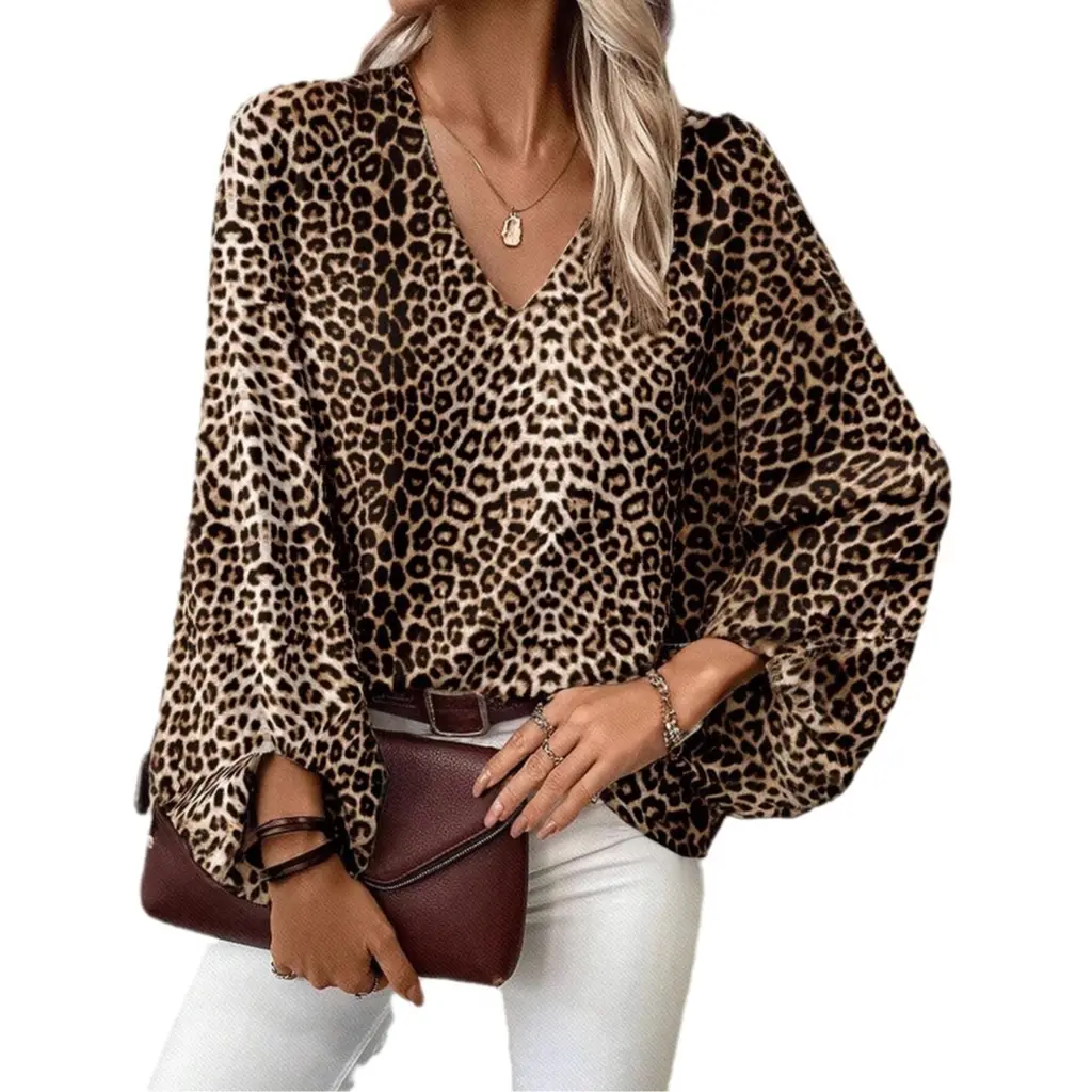 European And American V-neck Leopard Print Casual Long-sleeved Top - Leopard Print