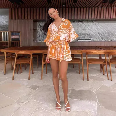 Summer New Women's Waist controlled Lace up Geometric Printed Jumpsuit Yellow - Shop at LoveMi