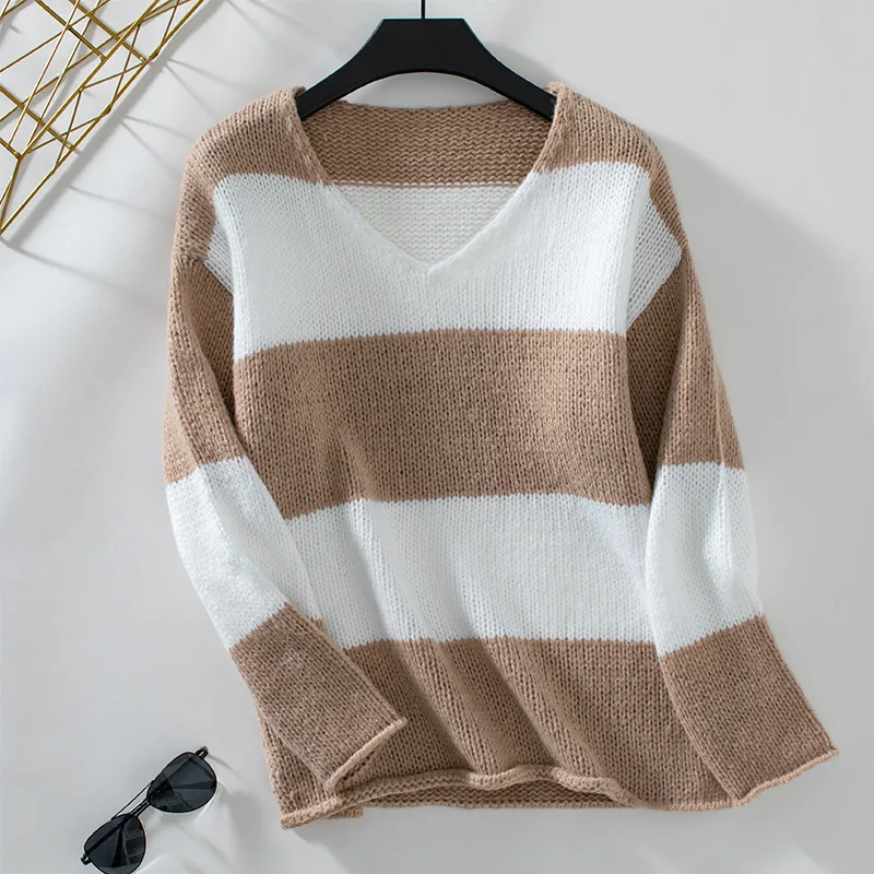 Casual Contrast Color Striped Sweater For Women Khaki - Shop at LoveMi