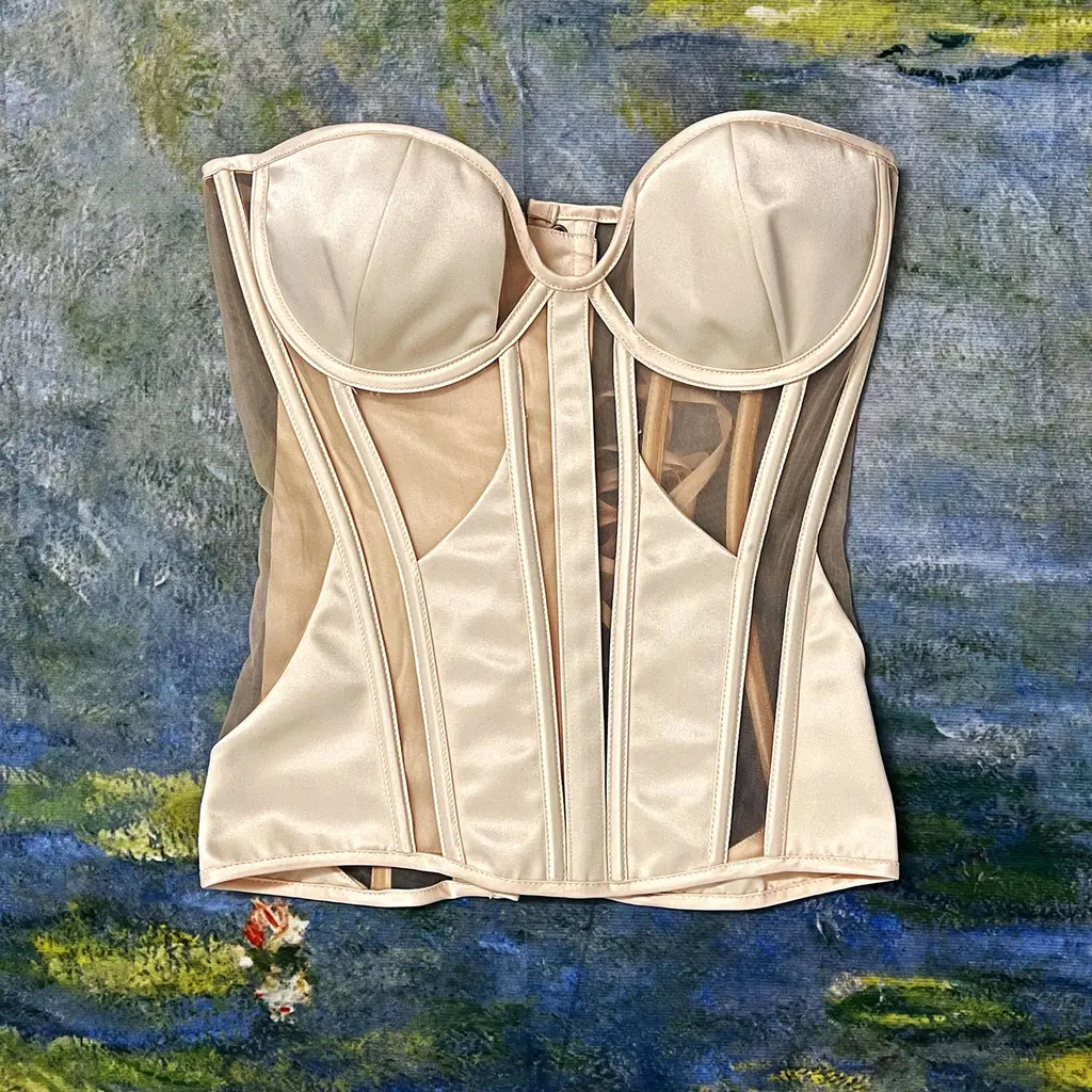 Women's Fashion Yarn Satin Stitching Mesh Corset - Apricot