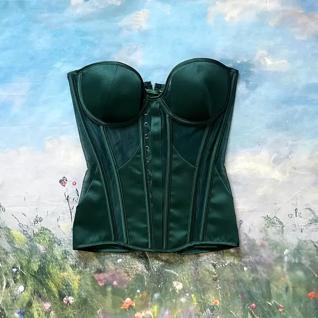 Women's Fashion Yarn Satin Stitching Mesh Corset Dark Green - Shop at LoveMi