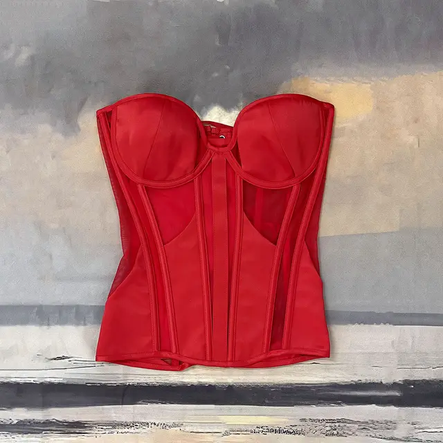 Women's Fashion Yarn Satin Stitching Mesh Corset Red - Shop at LoveMi