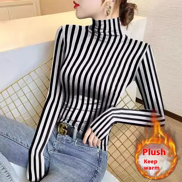 Women's FallWinter Slim Inner Wear Fleece Lined Warm Top Black And White Stripes - Shop at LoveMi