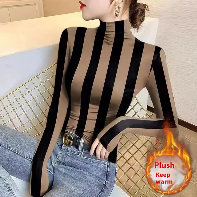 Women's FallWinter Slim Inner Wear Fleece Lined Warm Top Black Coffee Stripe - Shop at LoveMi